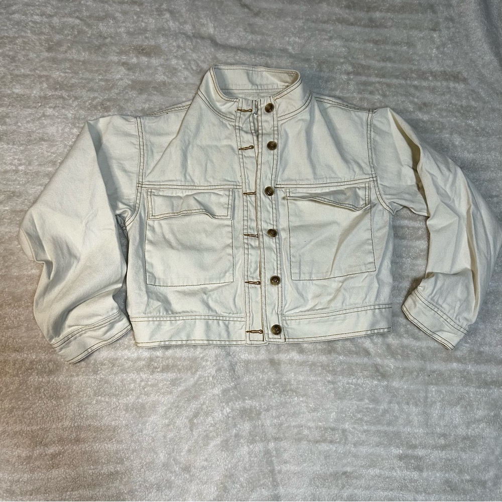 Cream Button-Up Cropped Denim Jacket 100%Cotton| Ten Sixty Sherman